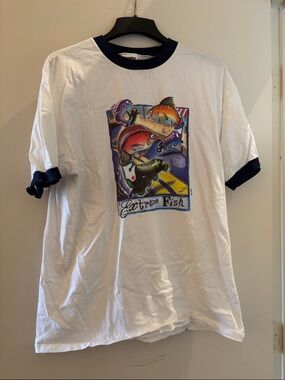 Vintage Men’s 1987 White Ringer Tee with Navy Trim and Colorful Fish Graphic